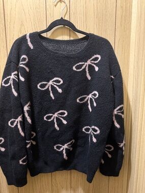 Black Sweater with Pink Bow Pattern - Women Sweater